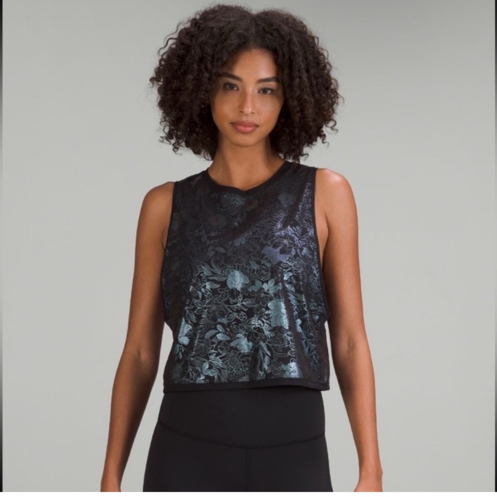 Lululemon Muscle Love Tank Top Shine Logo Flourish Black Iridescent Foil